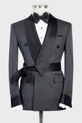 Trendy Gray Best Fitted Shawl Lapel Prom Suits With Belt