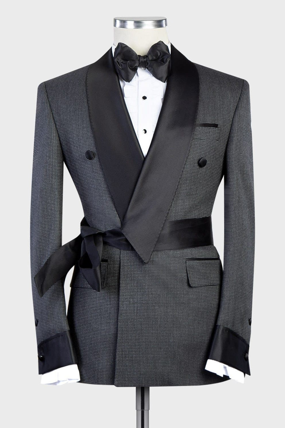 Trendy Gray Best Fitted Shawl Lapel Prom Suits With Belt