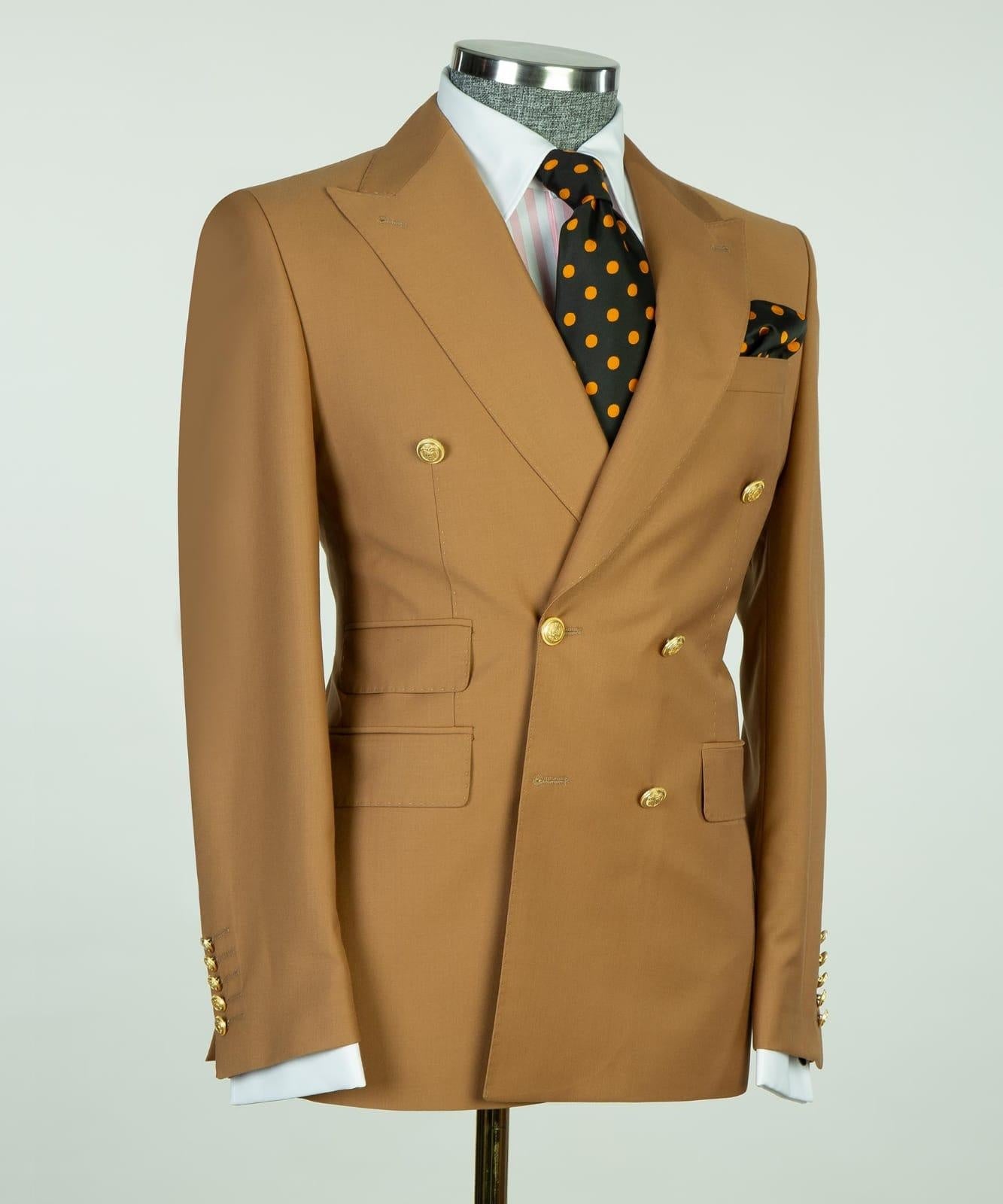 Popular Light Brown Double Breasted Peaked Lapel Business Suits