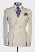 Mild Off-white Peaked Lapel Double Breasted Business Men Suit
