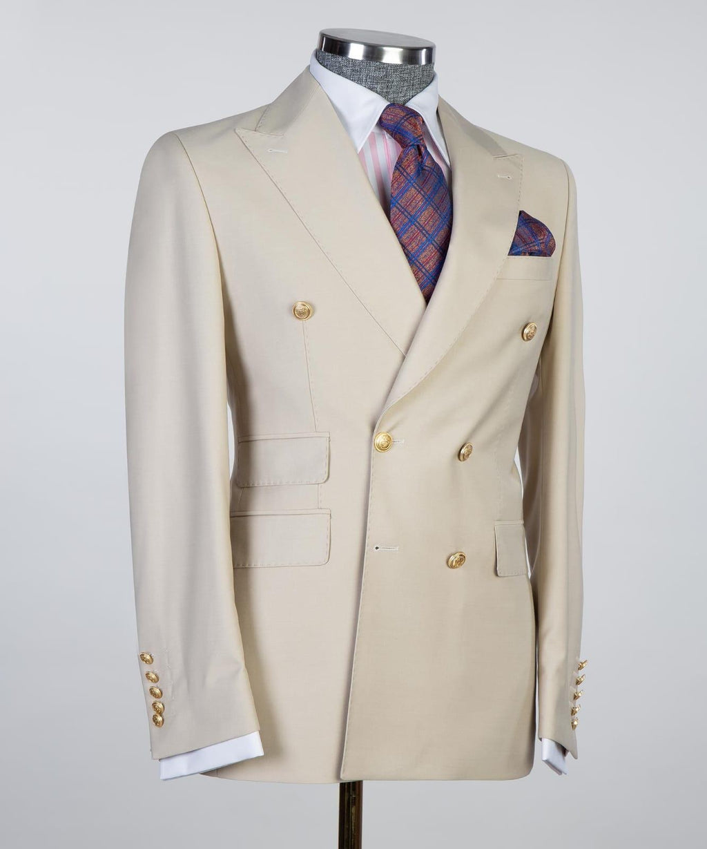 Mild Off-white Peaked Lapel Double Breasted Business Men Suit