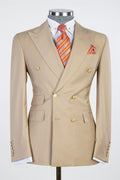 Gentle Khaki Peaked Lapel Double Breasted Business Men Suit