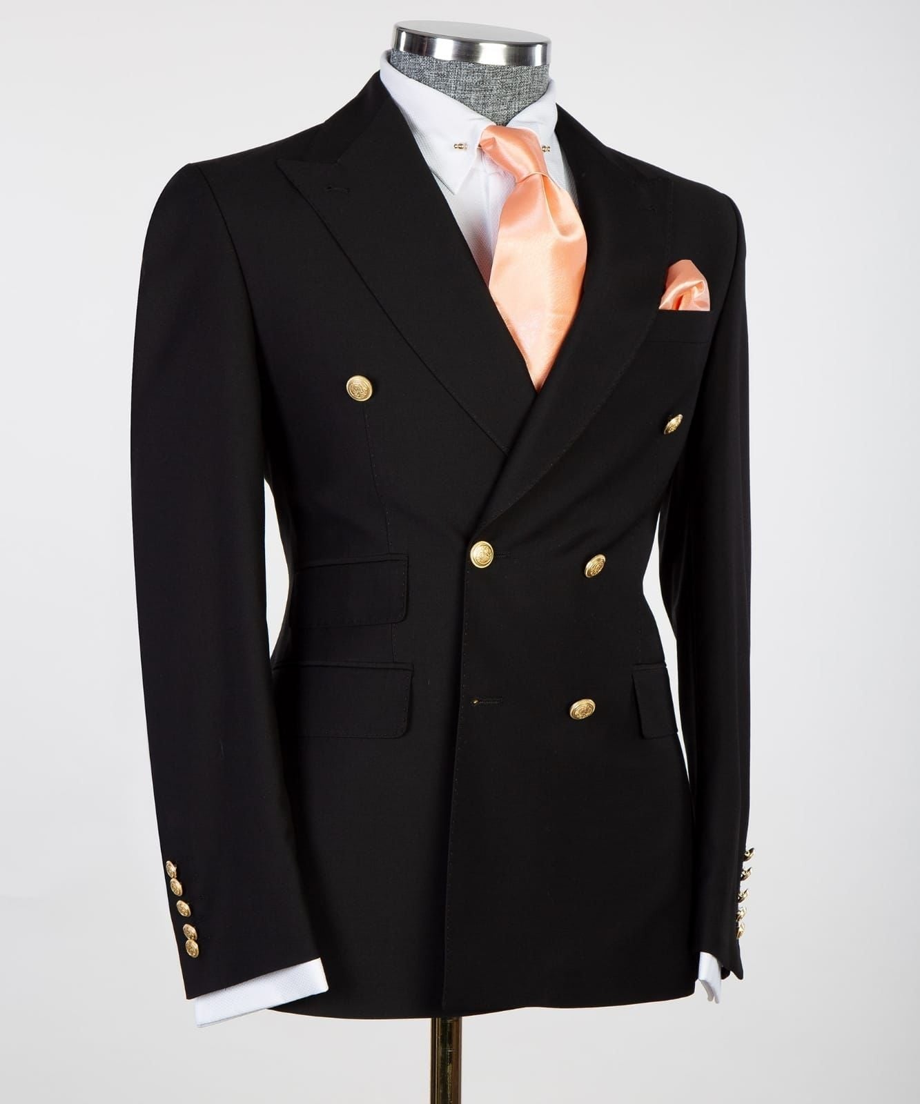 Formal Black Peaked Lapel Double Breasted Business Men Suit