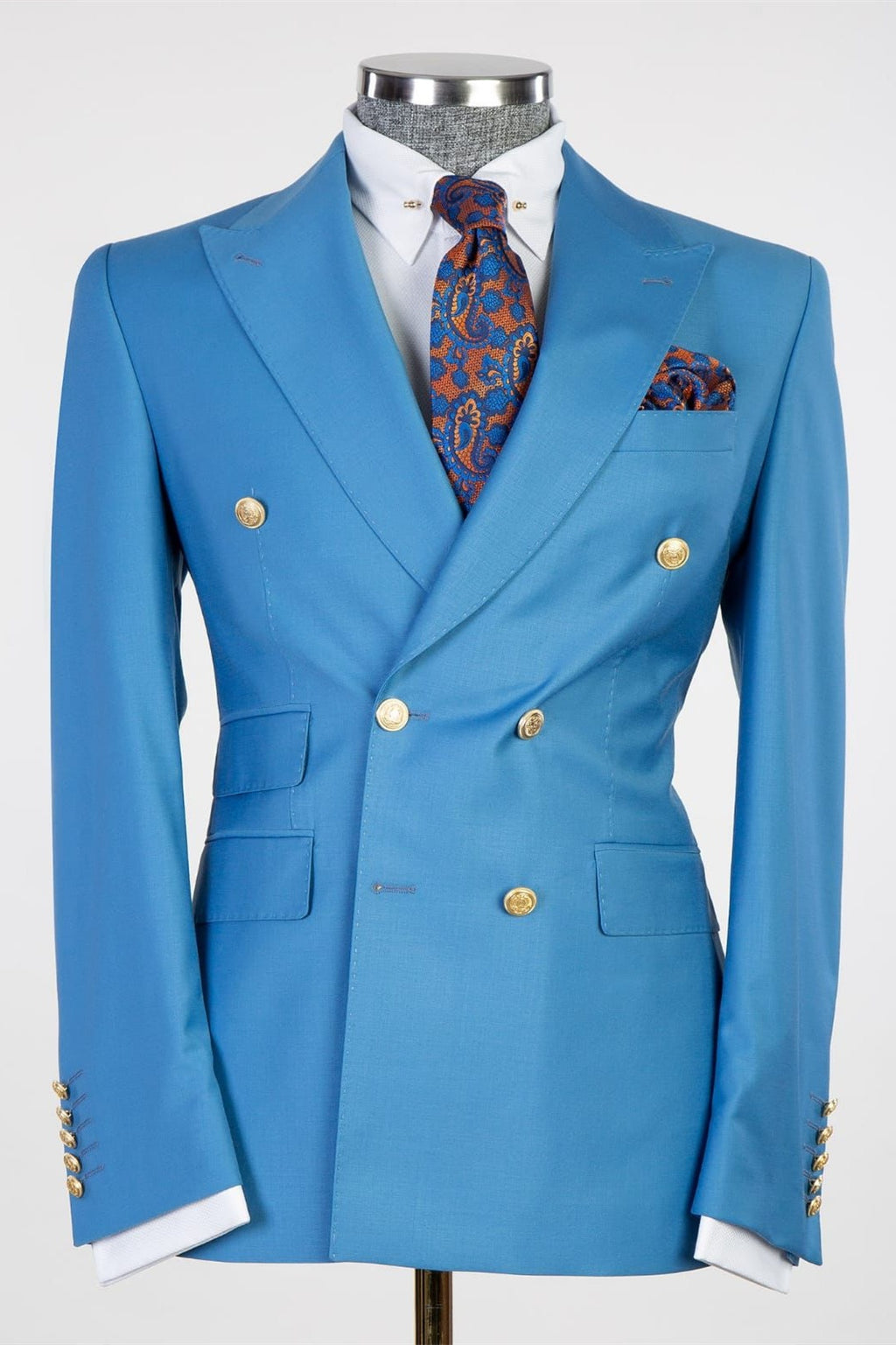 Bespoke Sky Blue Peaked Lapel Double Breasted Men Suit For Prom