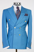 Bespoke Sky Blue Peaked Lapel Double Breasted Men Suit For Prom