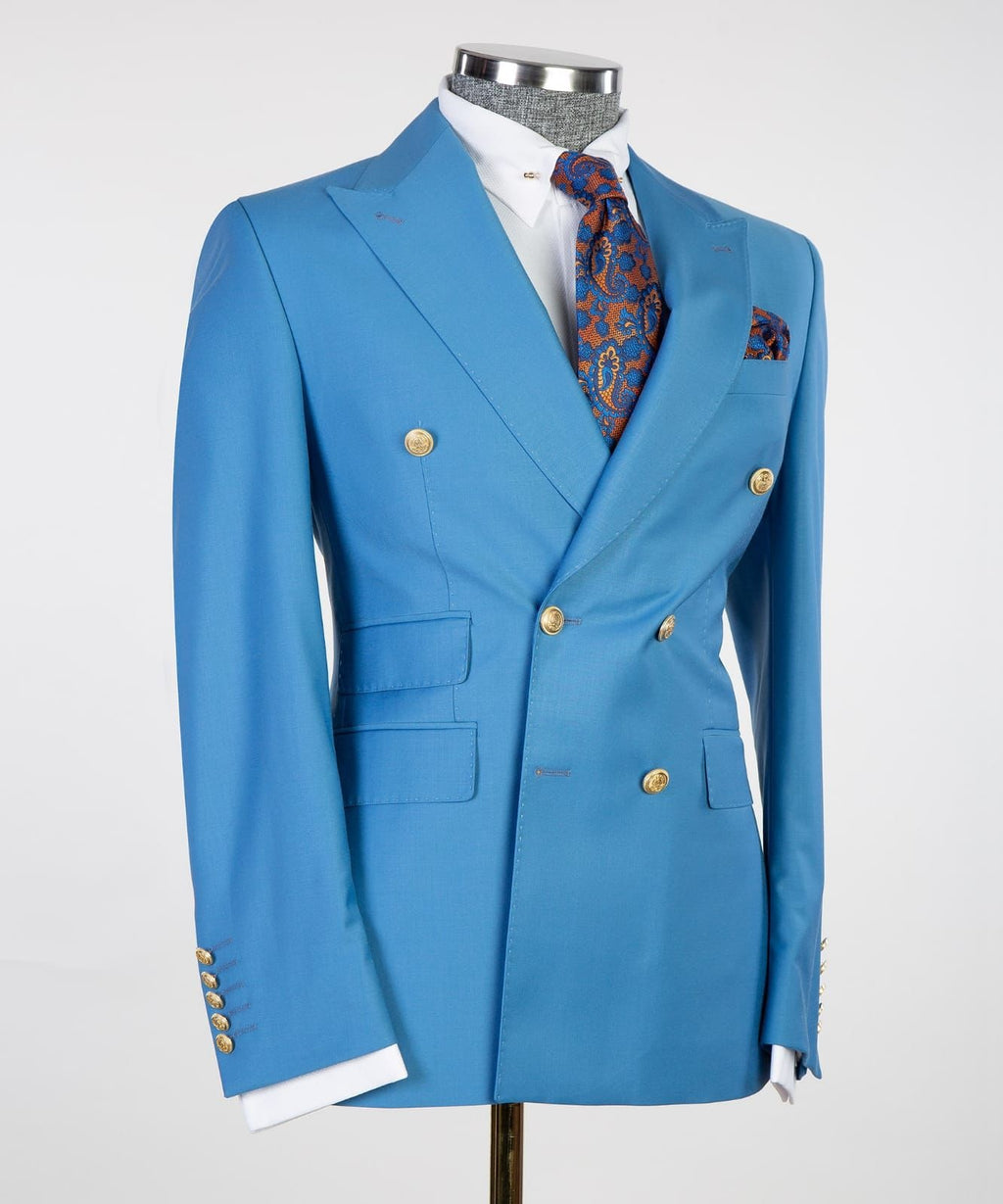 Bespoke Sky Blue Peaked Lapel Double Breasted Men Suit For Prom