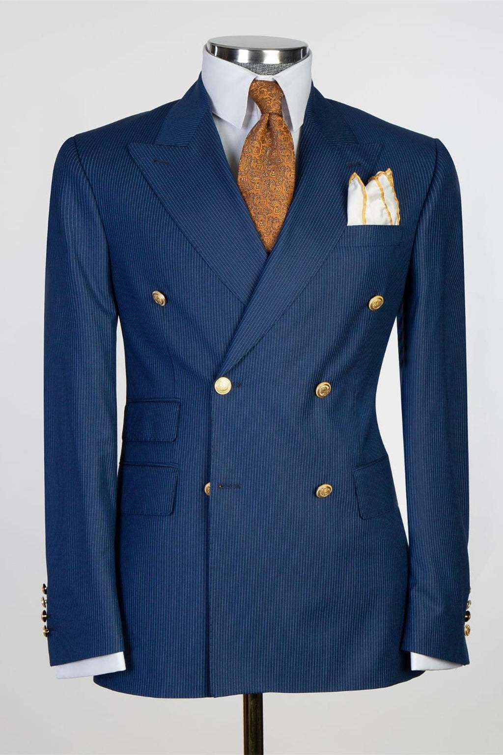 Stylish Dark Blue Pinstriped Double Breasted Business Suits