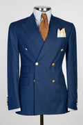 Stylish Dark Blue Pinstriped Double Breasted Business Suits