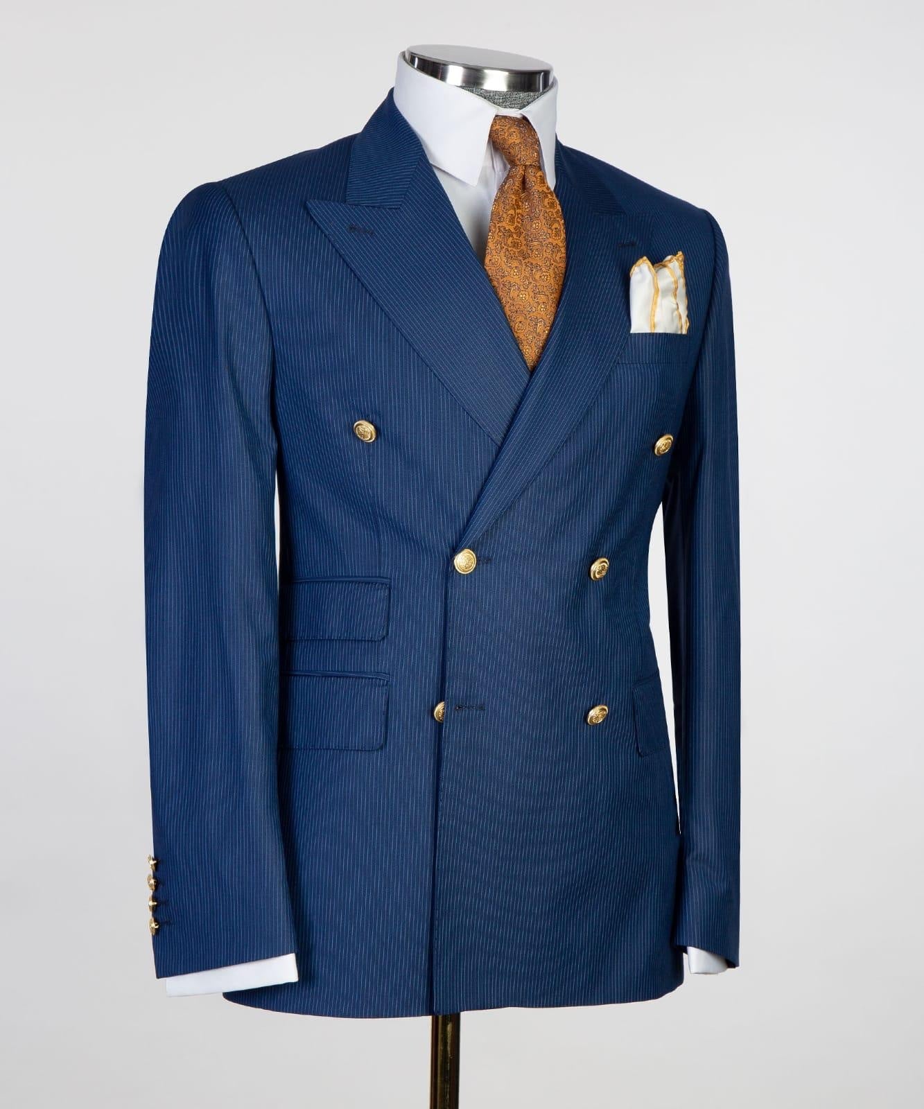 Stylish Dark Blue Pinstriped Double Breasted Business Suits
