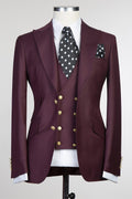 Trendy Burgundy Three Pieces Peaked Lapel Men Suits