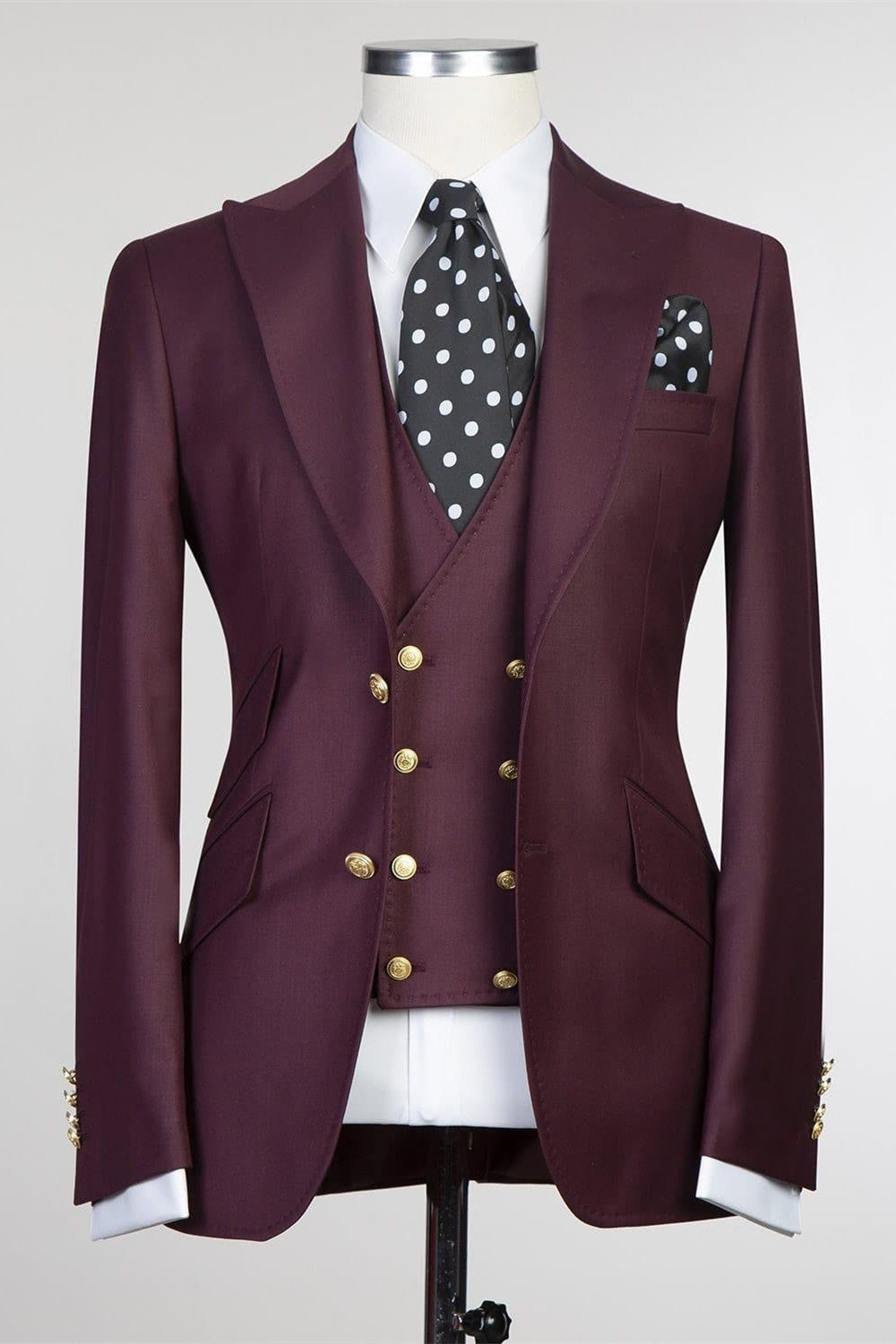 Trendy Burgundy Three Pieces Peaked Lapel Men Suits