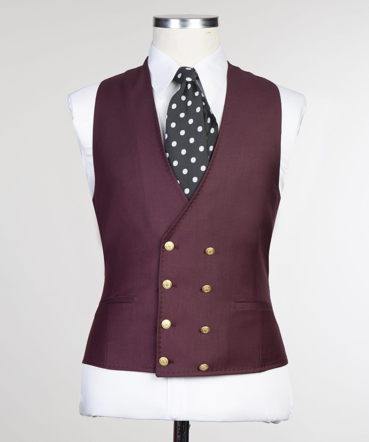 Trendy Burgundy Three Pieces Peaked Lapel Men Suits