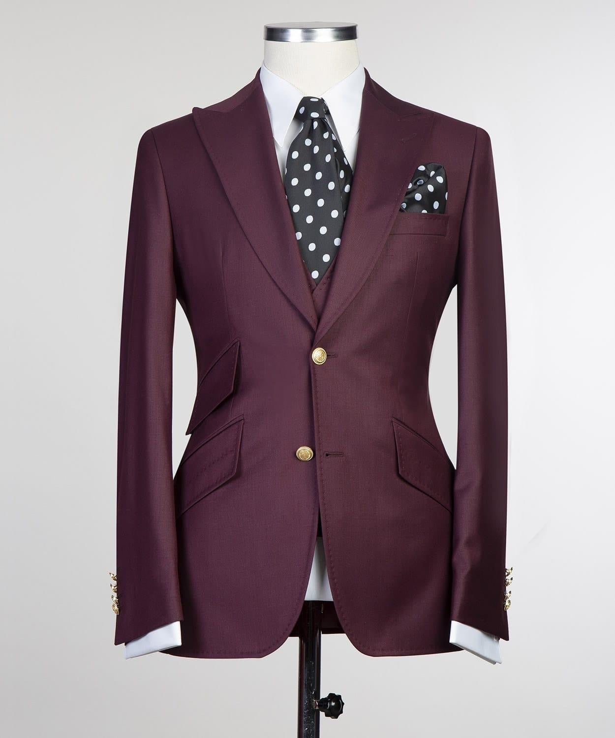 Trendy Burgundy Three Pieces Peaked Lapel Men Suits