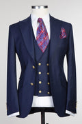 Classic Navy Blue Three Pieces Peaked Lapel Men Suits For Business