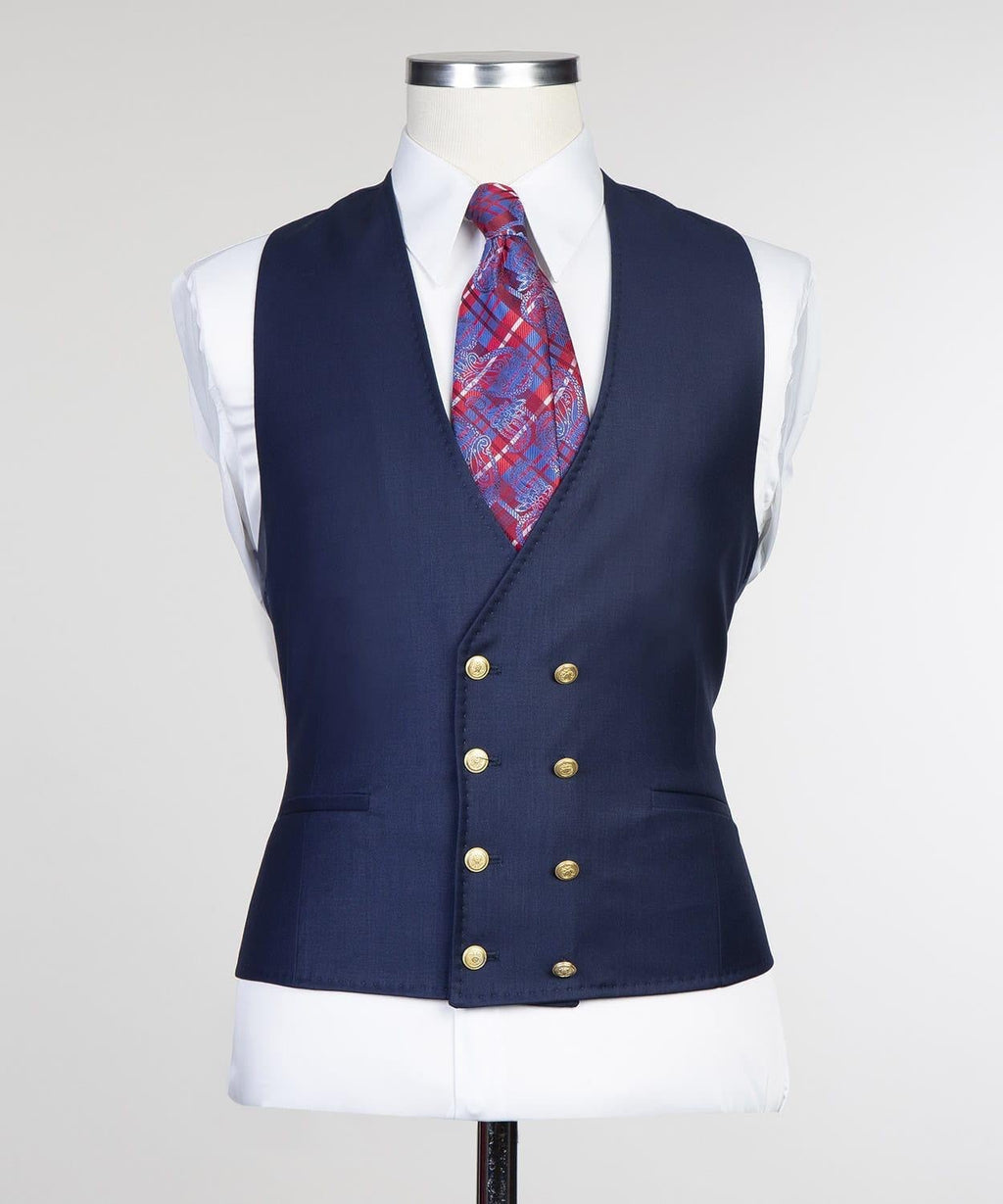 Classic Navy Blue Three Pieces Peaked Lapel Men Suits For Business
