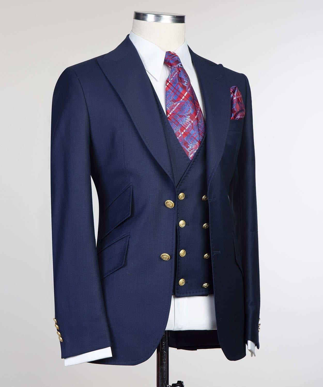 Classic Navy Blue Three Pieces Peaked Lapel Men Suits For Business