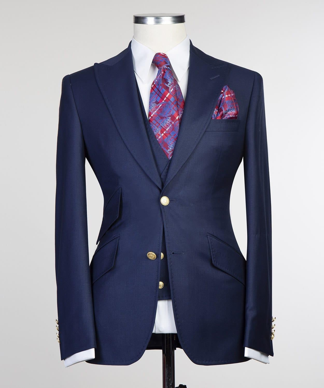 Classic Navy Blue Three Pieces Peaked Lapel Men Suits For Business