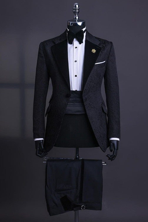 Fashion Black Jacquard Notched Lapel Slim Fit Prom Suits