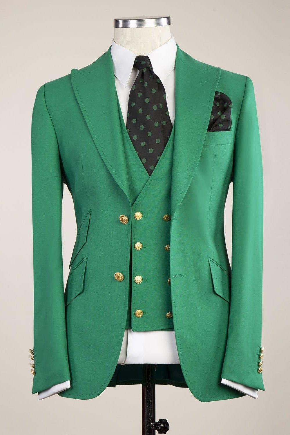 Glamorous Green Three Pieces Peaked Lapel Prom Suits With Vest