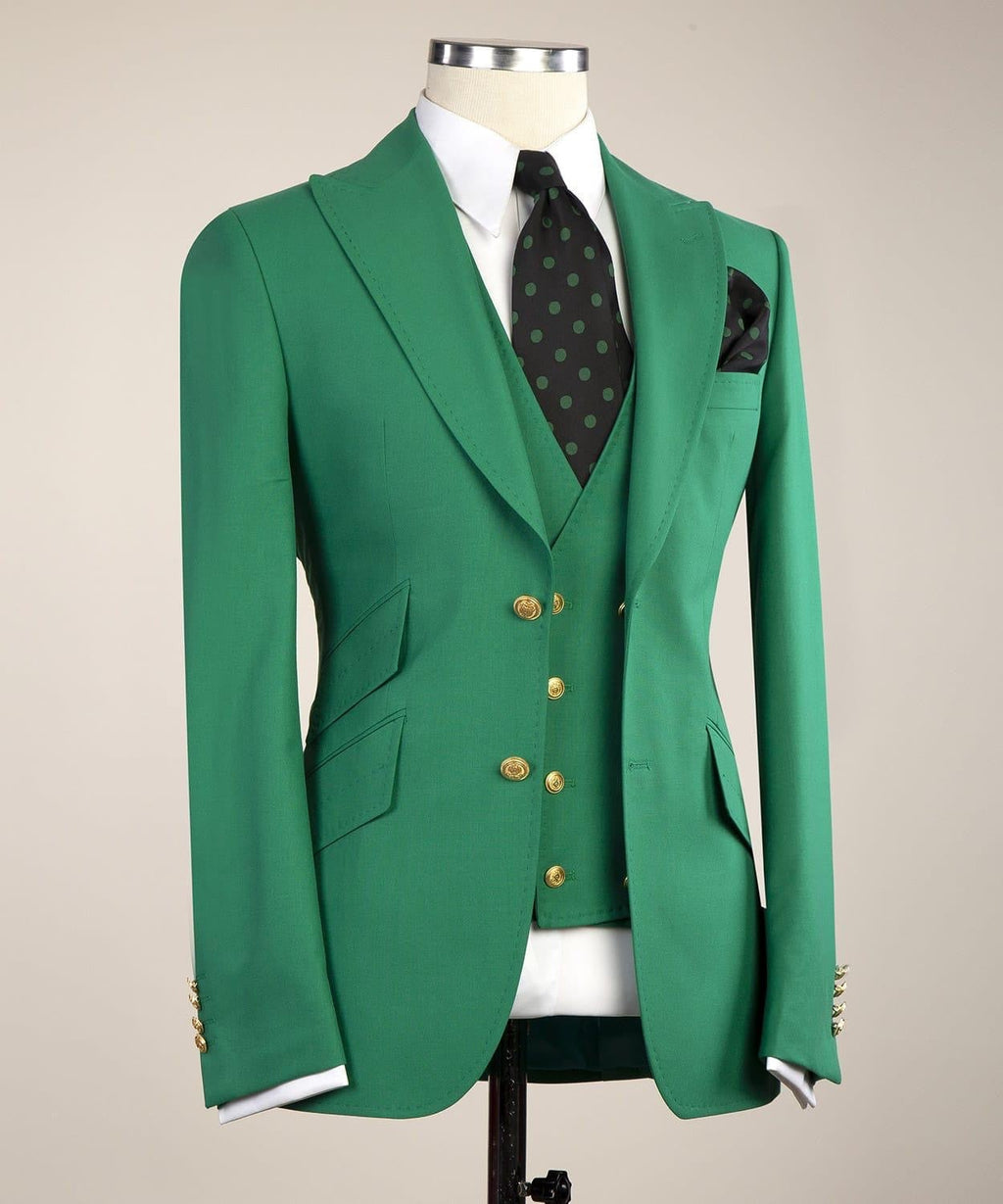 Glamorous Green Three Pieces Peaked Lapel Prom Suits With Vest