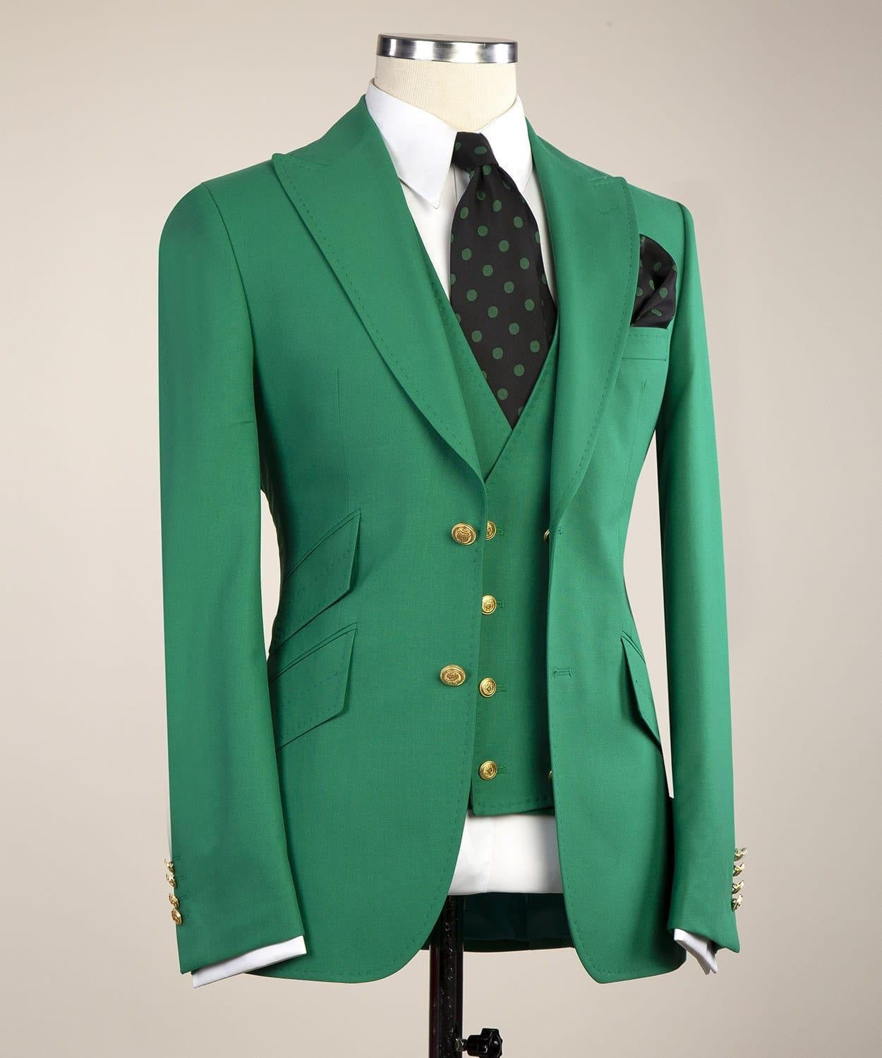 Glamorous Green Three Pieces Peaked Lapel Prom Suits With Vest
