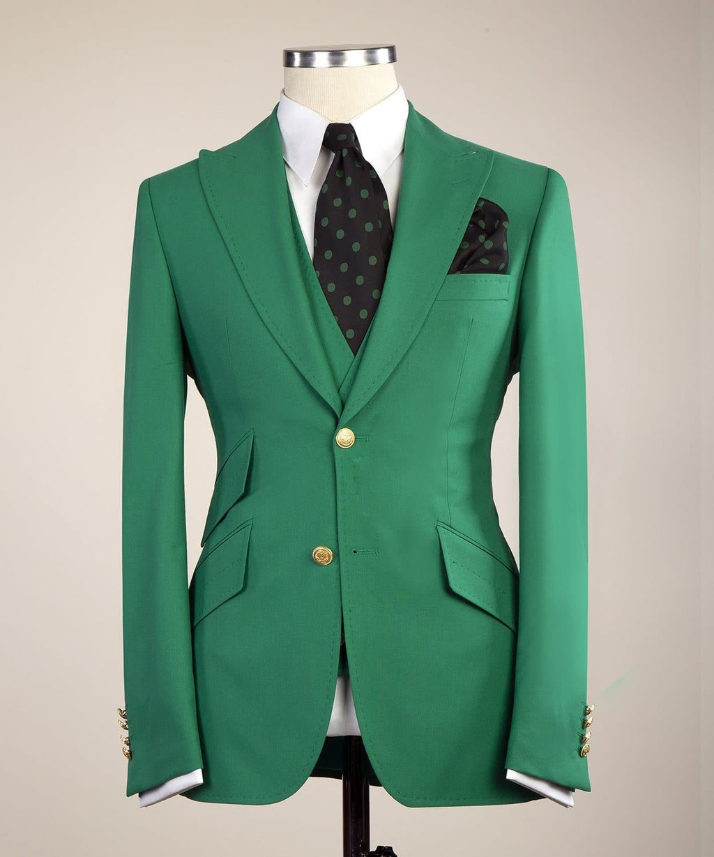 Glamorous Green Three Pieces Peaked Lapel Prom Suits With Vest