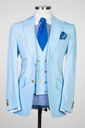 Modern Sky Blue Three Pieces Peaked Lapel Prom Suits
