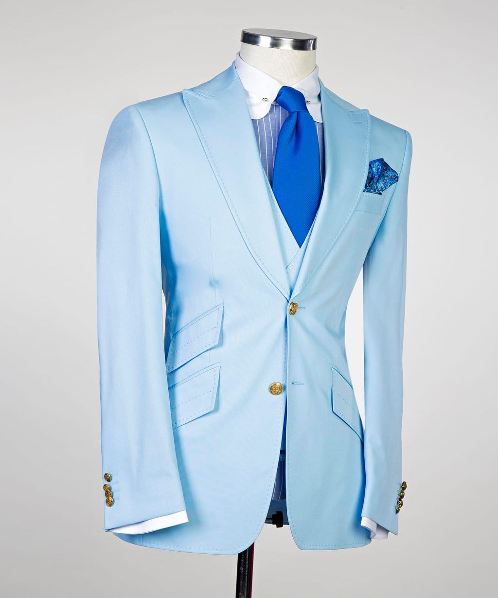 Modern Sky Blue Three Pieces Peaked Lapel Prom Suits