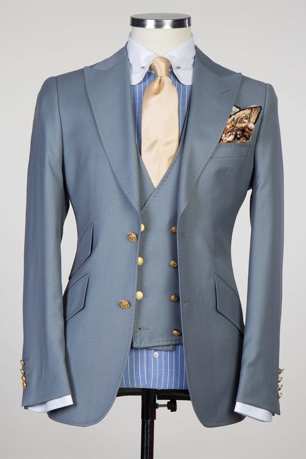 Stylish Gray Three Pieces Peaked Lapel Business Men Suits