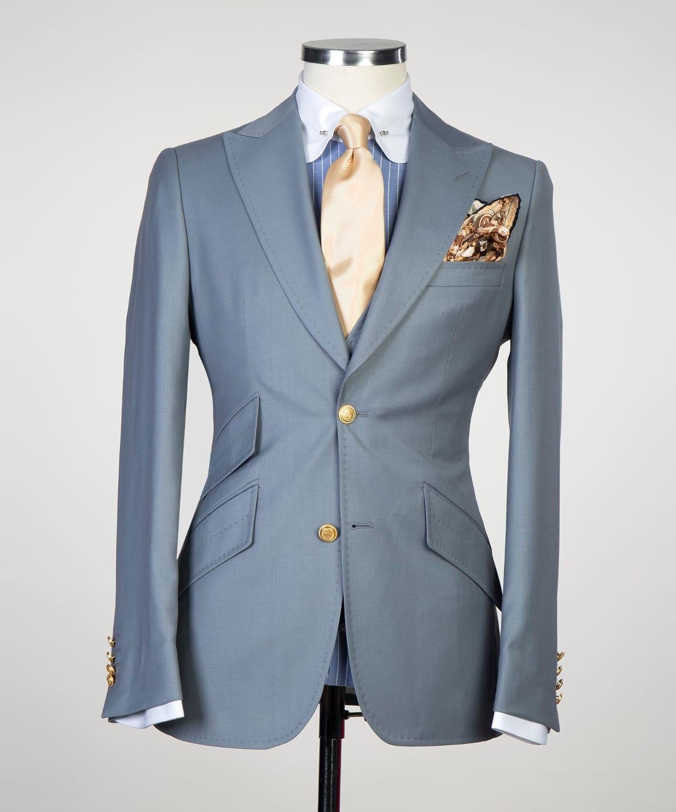 Stylish Gray Three Pieces Peaked Lapel Business Men Suits