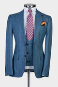 Formal Dusty Blue Three Pieces Plaid Peaked Lapel Business Men Suits