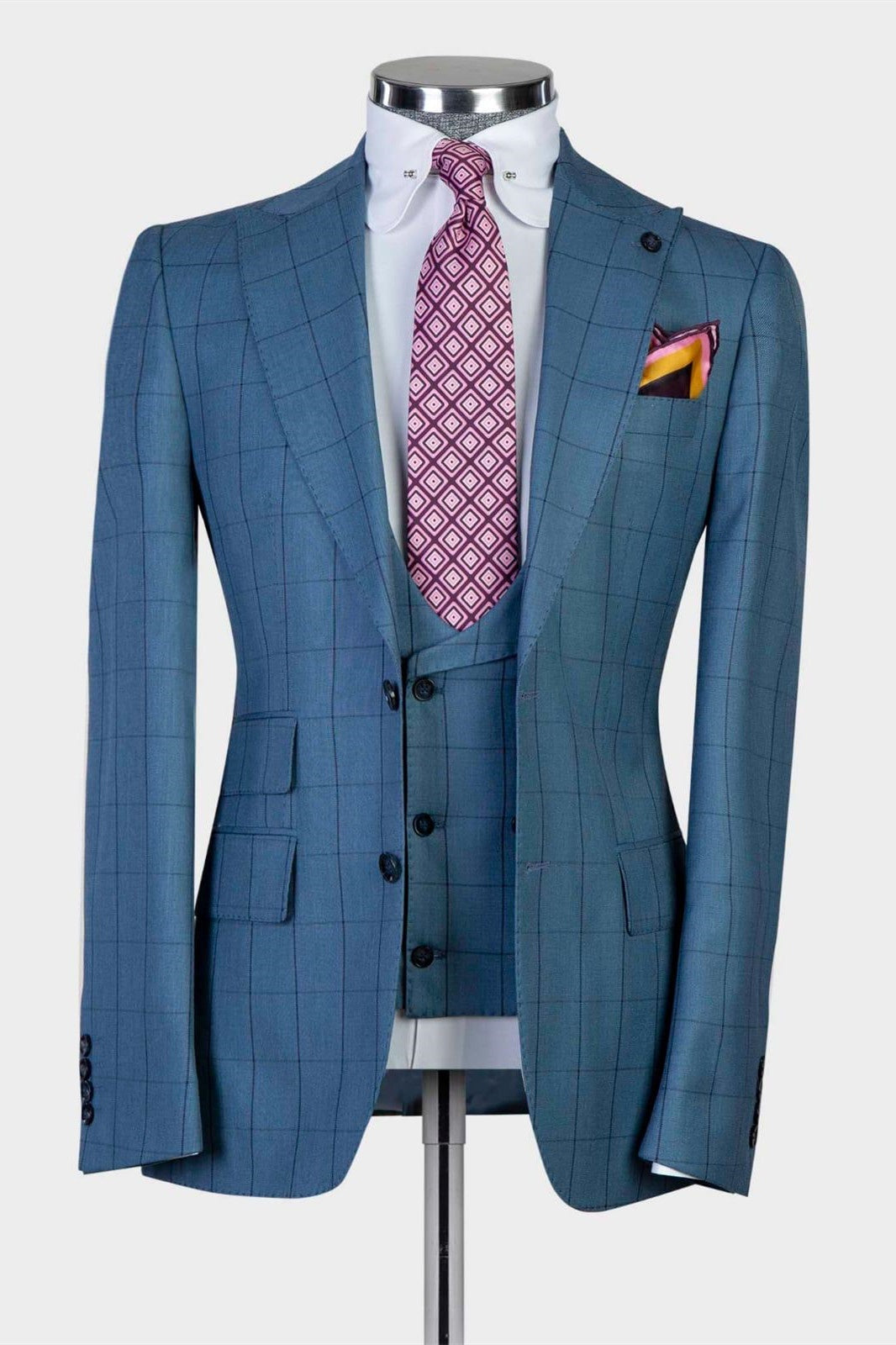 Formal Dusty Blue Three Pieces Plaid Peaked Lapel Business Men Suits