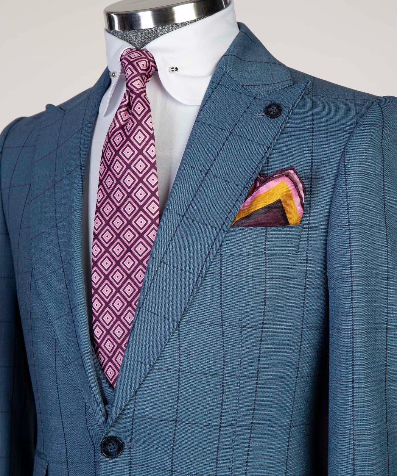 Formal Dusty Blue Three Pieces Plaid Peaked Lapel Business Men Suits