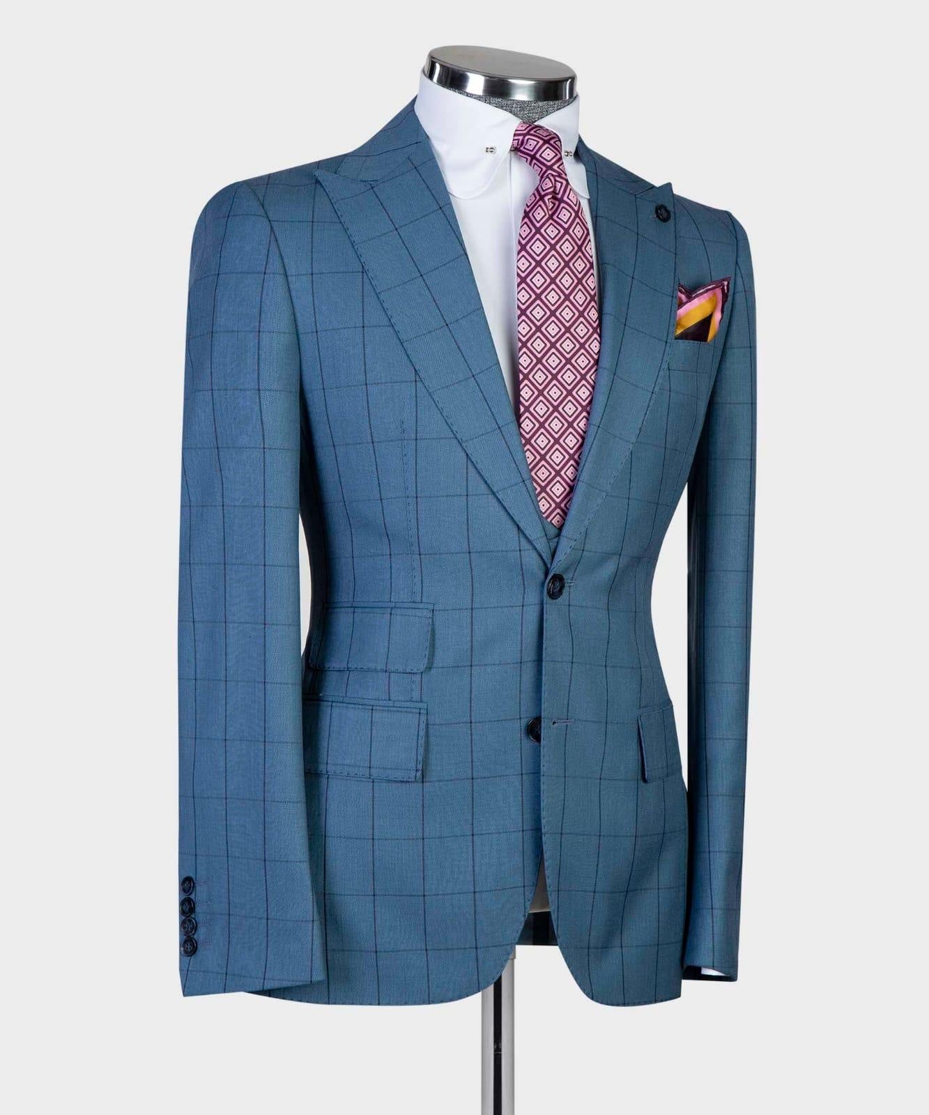 Formal Dusty Blue Three Pieces Plaid Peaked Lapel Business Men Suits