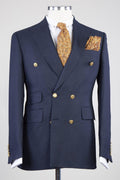 Newest Dark Blue Peaked Lapel Double Breasted Dot Men Suits