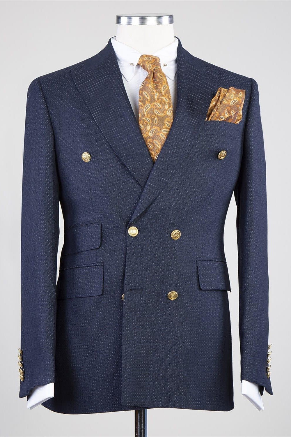 Newest Dark Blue Peaked Lapel Double Breasted Dot Men Suits