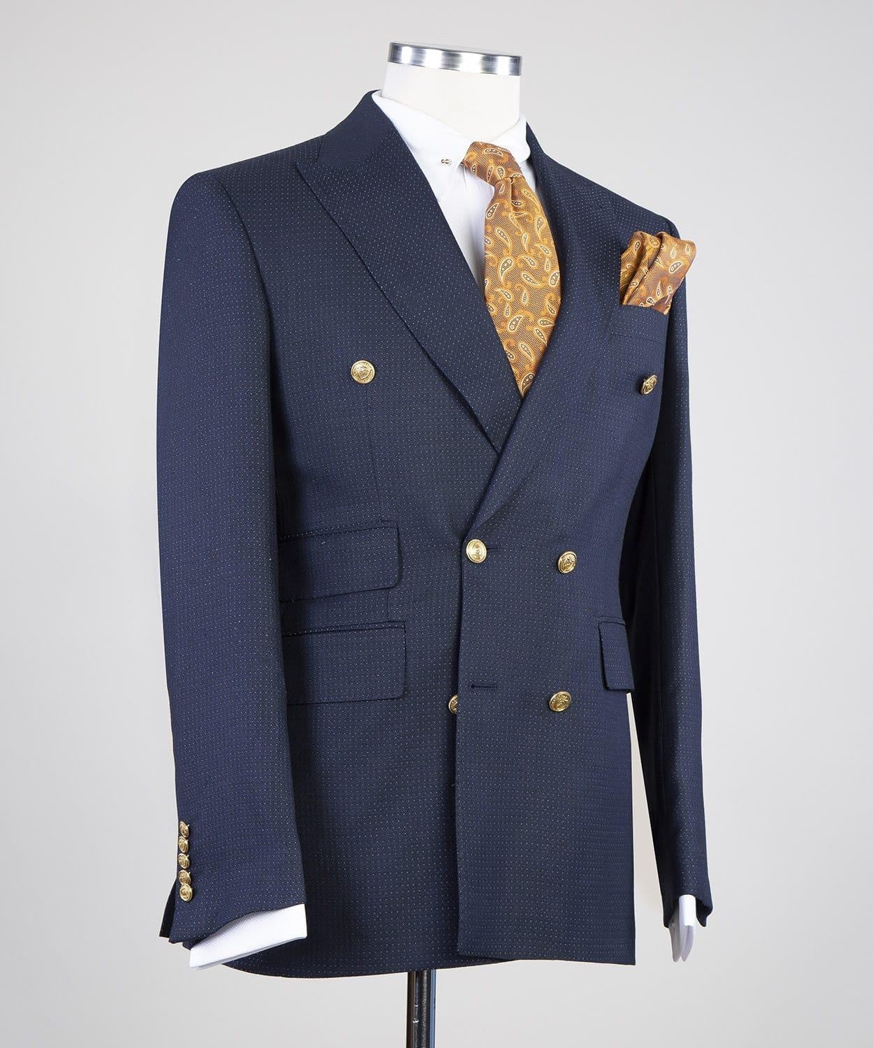 Newest Dark Blue Peaked Lapel Double Breasted Dot Men Suits