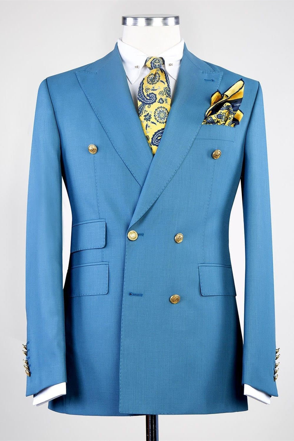 Handsome Sky Blue Peaked Lapel Double Breasted Men Suits