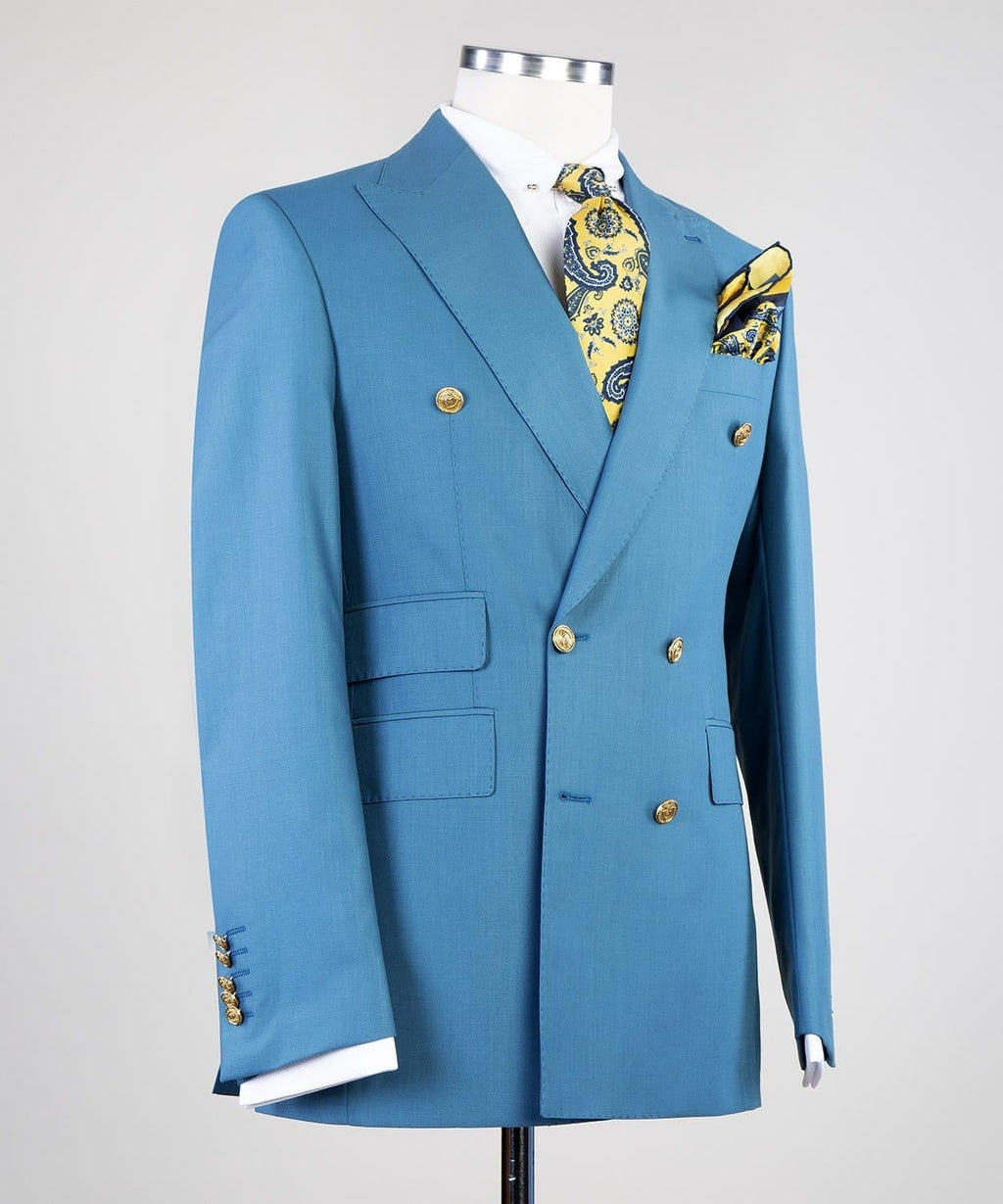 Handsome Sky Blue Peaked Lapel Double Breasted Men Suits