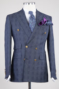 Formal Navy Blue Double Breasted Plaid Peaked Lapel Business Suits