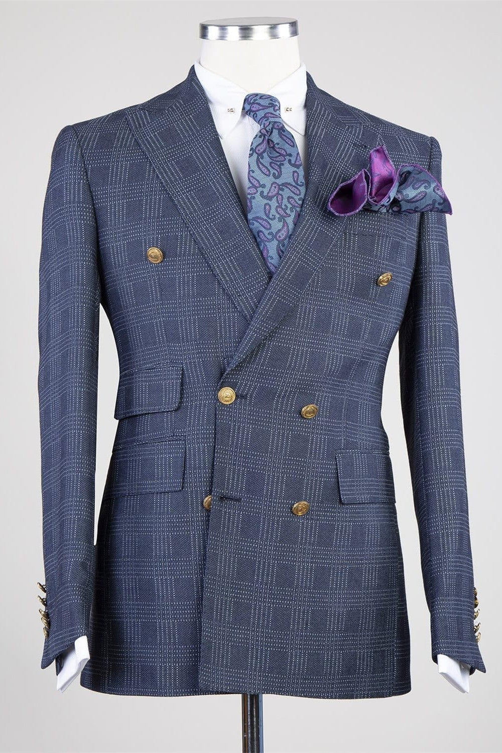 Formal Navy Blue Double Breasted Plaid Peaked Lapel Business Suits
