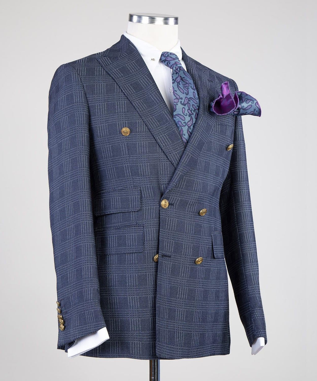 Formal Navy Blue Double Breasted Plaid Peaked Lapel Business Suits