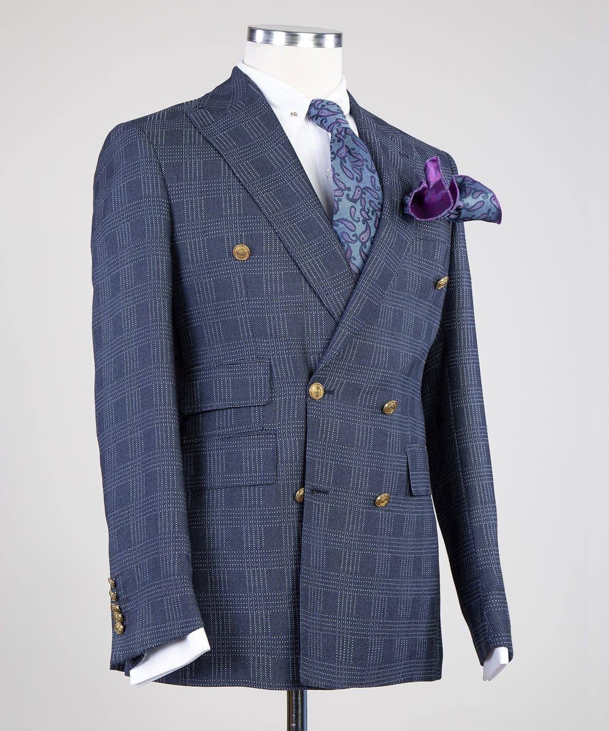 Formal Navy Blue Double Breasted Plaid Peaked Lapel Business Suits