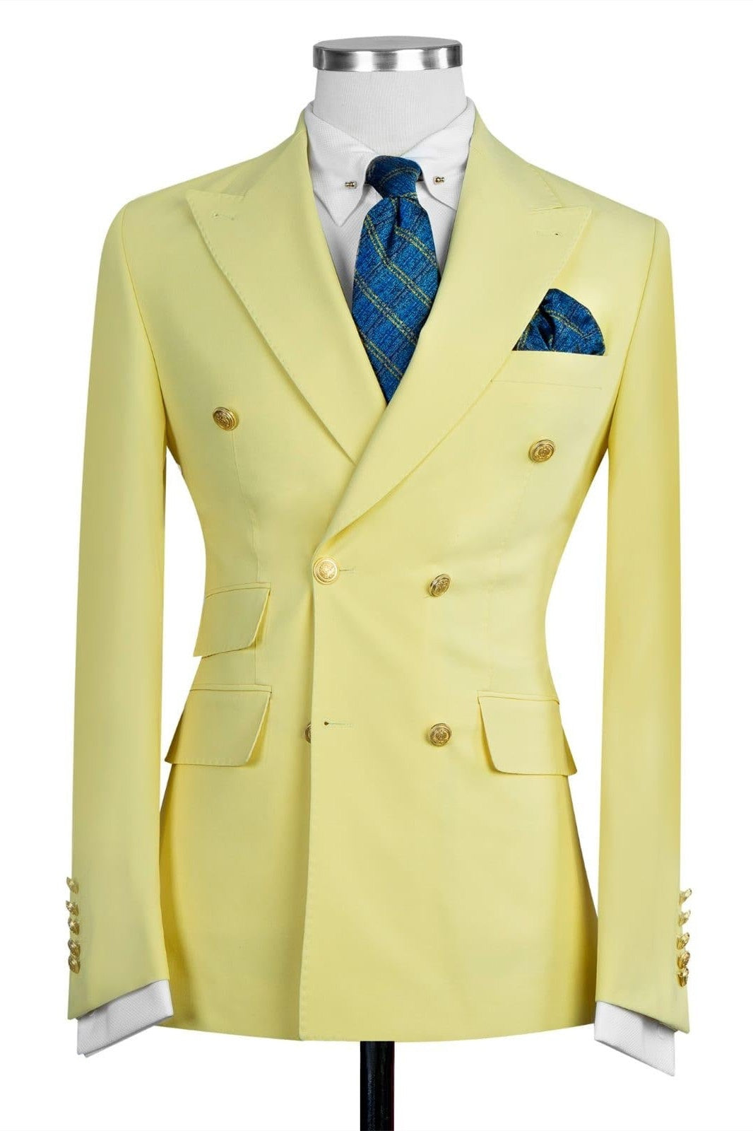 Trendy Yellow Peaked Lapel Slim Fit Double Breasted Prom Suits