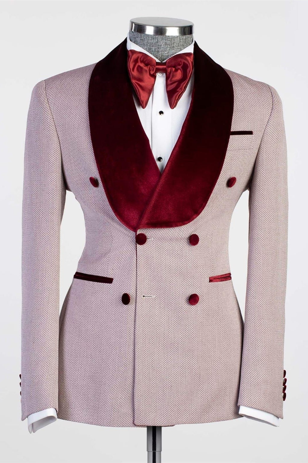 Fancy Red Double Breasted Prom Suits With Burgundy Shawl Lapel