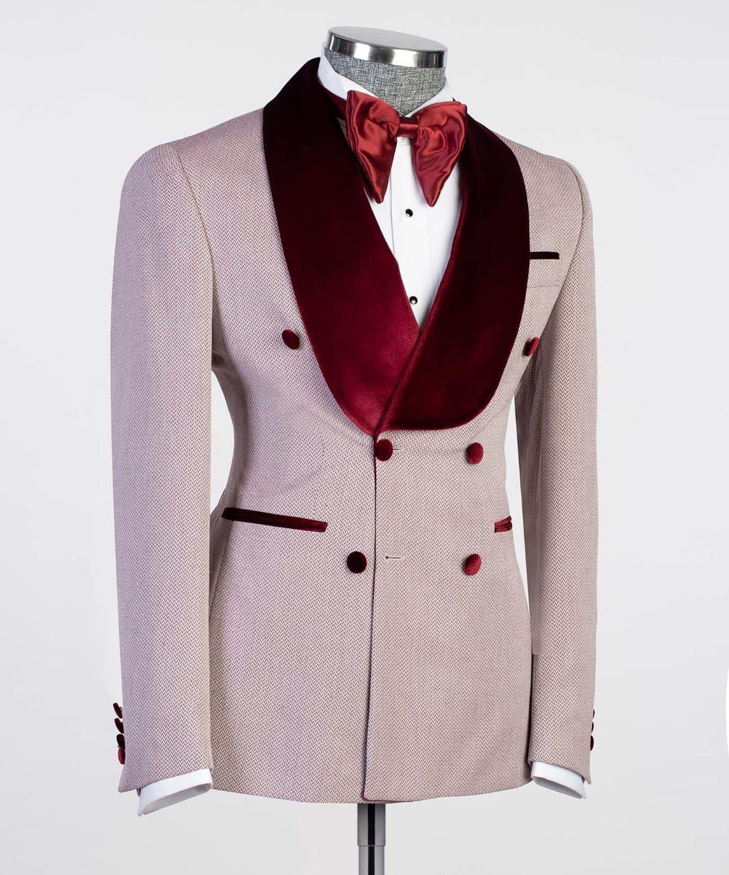 Fancy Red Double Breasted Prom Suits With Burgundy Shawl Lapel