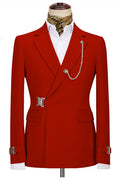 Elegant Red Notched Lapel Close Fitting Prom Suits With Metal Buckle