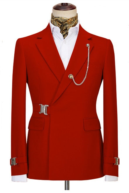 Elegant Red Notched Lapel Close Fitting Prom Suits With Metal Buckle