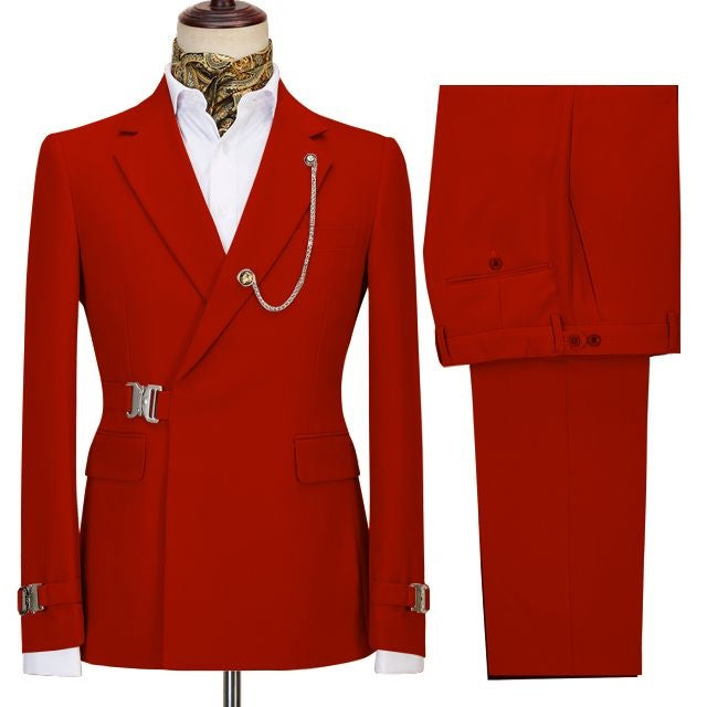 Elegant Red Notched Lapel Close Fitting Prom Suits With Metal Buckle