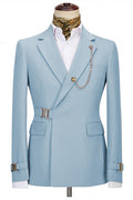 Chic Sky Blue Notched Lapel Prom Suits With Metal Buckle